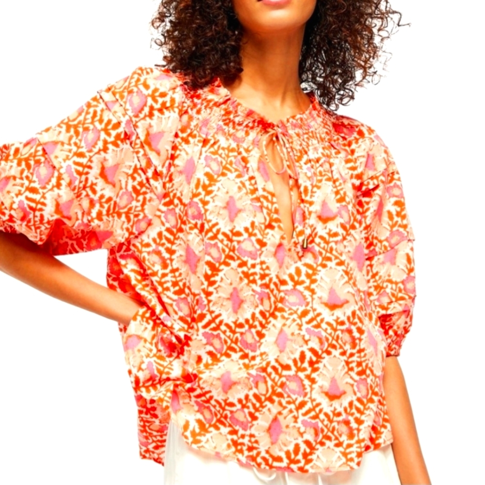 Free People Willow cotton floral smocked peasant top medium orange & pink boho
